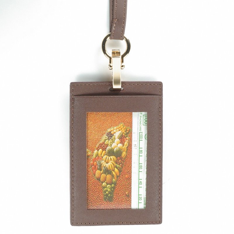 Vegetable tanned straight double-layer ID card holder card holder lanyard leather brown paid custom lettering - ที่ใส่บัตรคล้องคอ - หนังแท้ สีนำ้ตาล