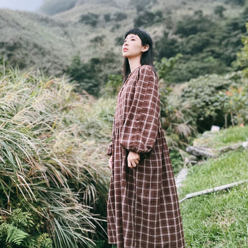 Nomad // Washed cotton and Linen checked dress // 2 colors are available - One Piece Dresses - Cotton & Hemp Brown