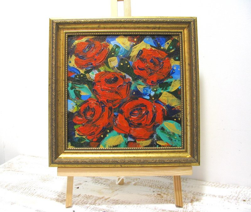 Red Roses Abstract in Acrylic Small Size Canvas Framed Art Ready Gift - Wall Décor - Other Materials Multicolor