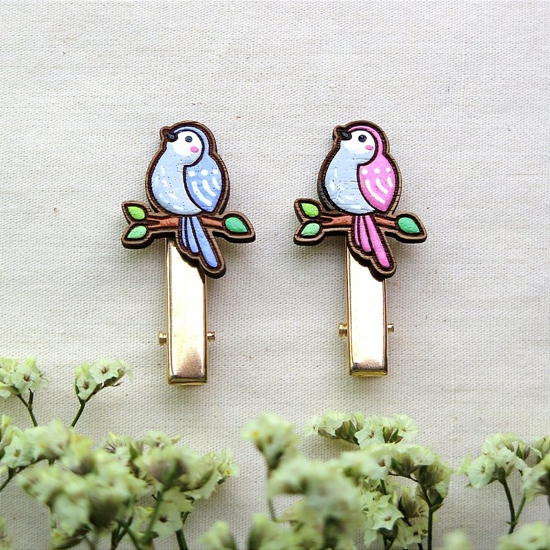 Wooden hair clip bird perched on branch - Hair Accessories - Wood Pink