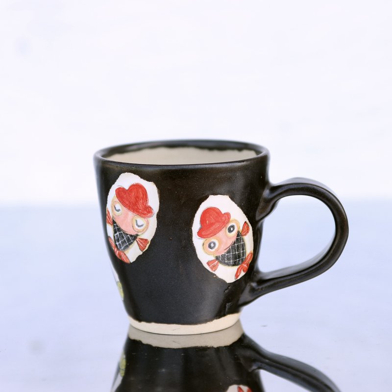 Goldfish painting mug with black glaze and red hat - Mugs - Pottery Black
