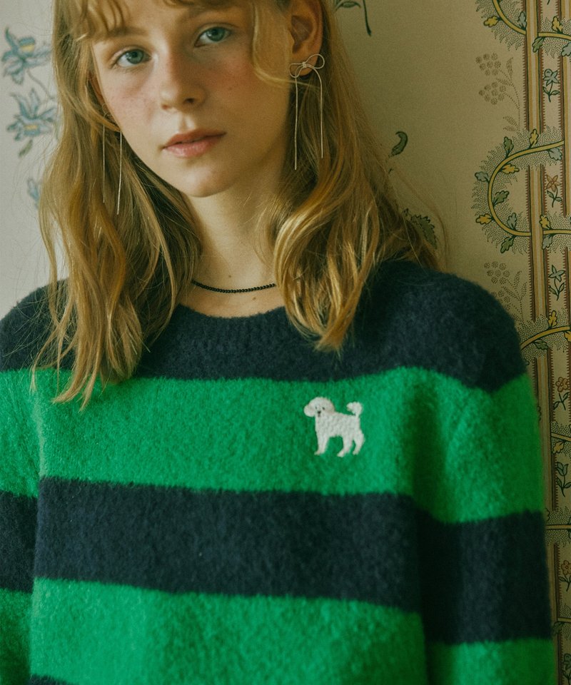 25 NEW Poodle poodle Wool Blend Stripe Knit Top Green Navy - 女毛衣/針織衫 - 羊毛 綠色