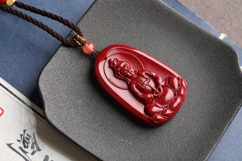 Natural cinnabar fine gold sand Guanyin pendant fine cinnabar content more than 95% - Necklaces - Gemstone 