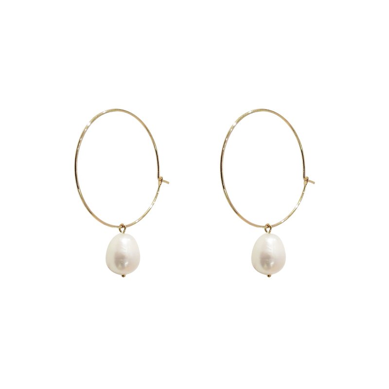 Freshwater pearl thin hoop earrings (three ways to wear) - ต่างหู - เครื่องเพชรพลอย สีทอง