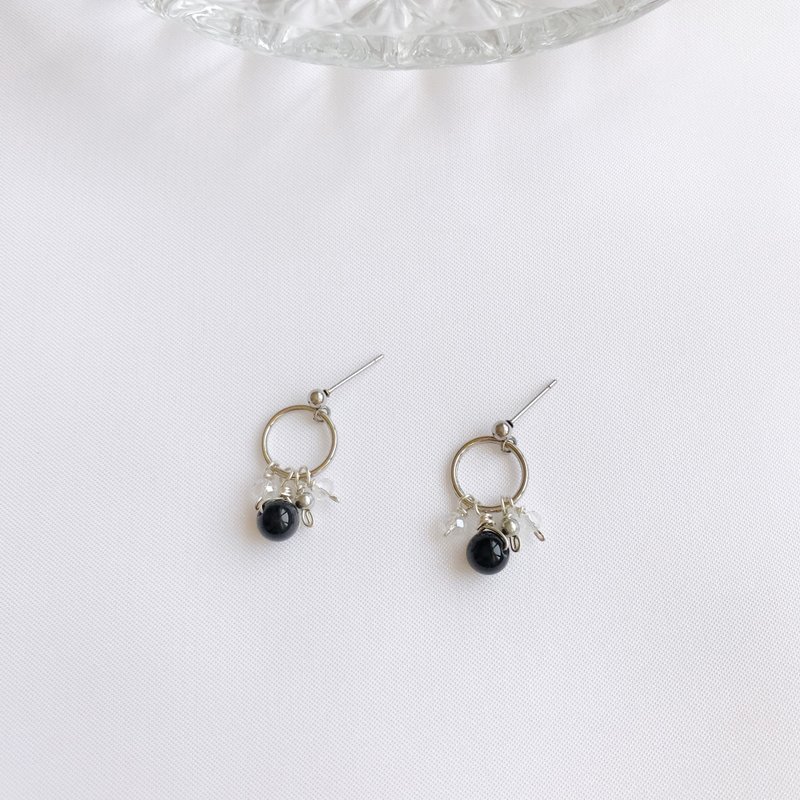 Starry. Obsidian natural stone dangle earrings anti-allergic Stainless Steel ear pin spiral Clip-On - Earrings & Clip-ons - Crystal Black