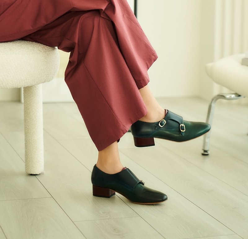 革 革靴 グリーン - 3.4cm モンクストラップヒール - マラカイトグリーン