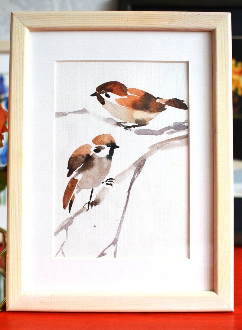 麻雀原創水彩畫現代繪畫鳥類藝術 20x15cm - 壁貼/牆壁裝飾 - 紙 咖啡色