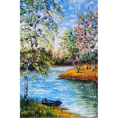 風景画　壁掛け　K.Ogi 川の絵画の木オリジナルアート風景壁の装飾30x20cm/ 12x8インチ