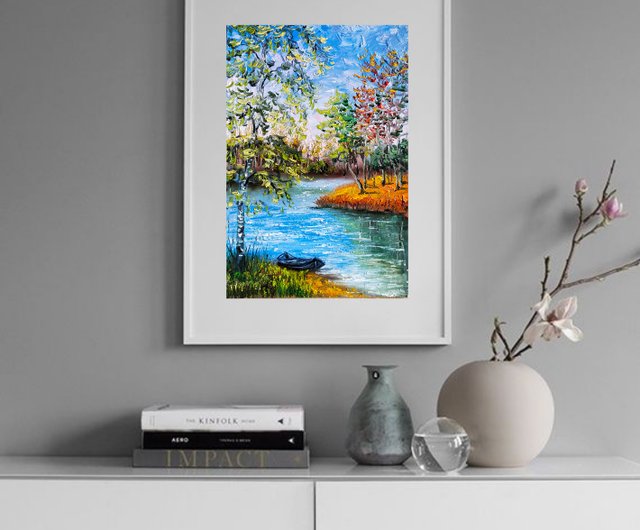 風景画　壁掛け　K.Ogi 川の絵画の木オリジナルアート風景壁の装飾30x20cm/ 12x8インチ