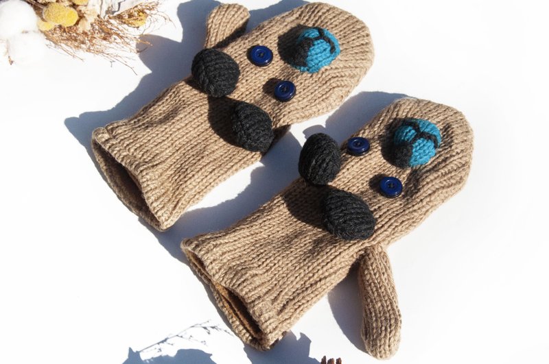 Hand-knitted Pure Wool Gloves | Warm Boxing Gloves | Fleece-Lined Knit Gloves | Touchscreen Gloves - Brown Bear - ถุงมือ - ขนแกะ สีกากี