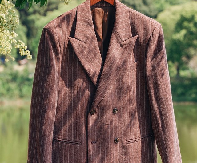 80's ベージュ ストライプ ダブルブレストスーツ Nikkei magazine掲載】【BAKER MODEL】シルクウールミックス