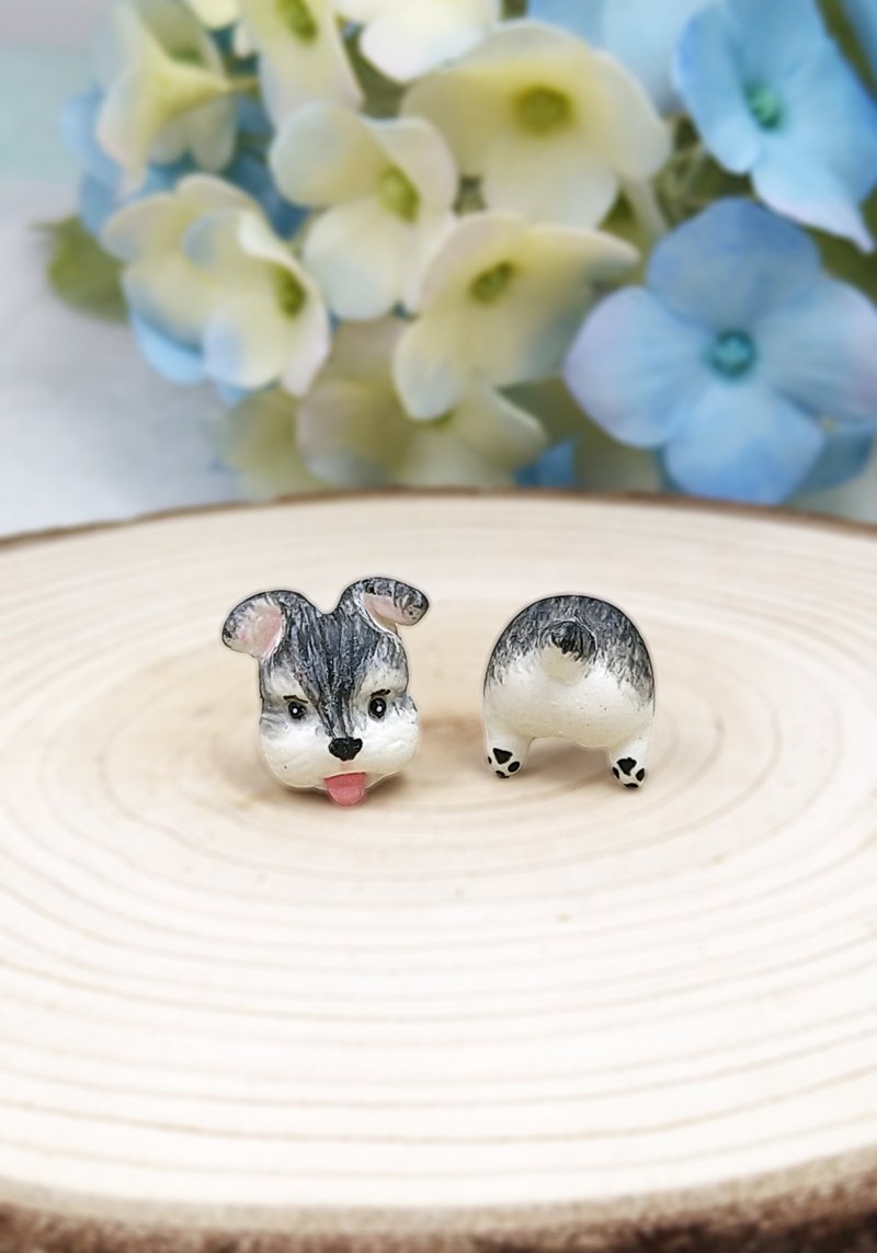 可愛 垂耳吐舌 雪納瑞犬 史納莎犬耳環 耳釘/耳夾 - 耳環/耳夾/耳骨夾 - 黏土 灰色