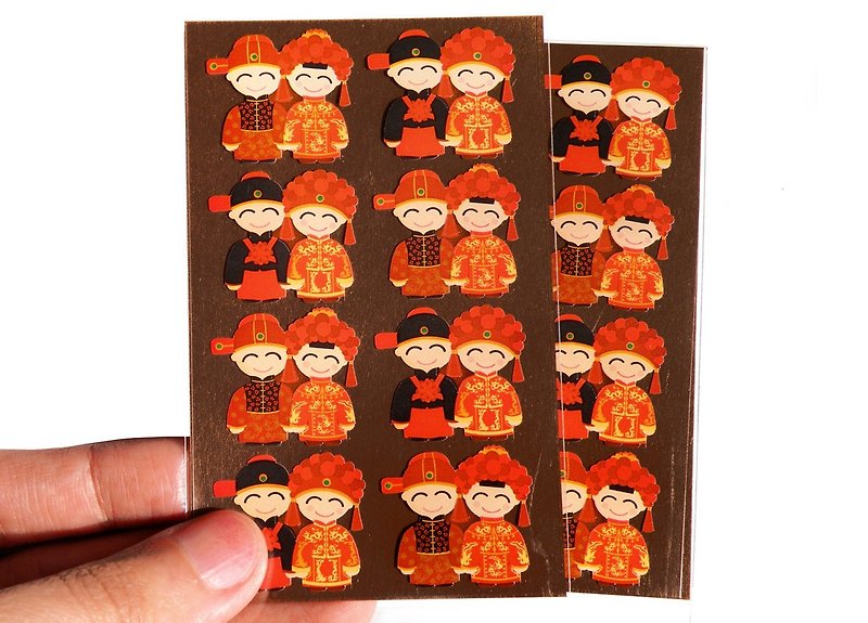 中式結婚娃娃貼紙 2份組 - 貼紙 - 防水材質 紅色