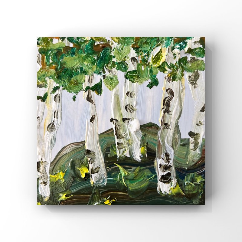 Mini Oil Painting – Birch Forest Textured Artwork – Original 4inch Abstract Art - 海報/掛畫/掛布 - 其他材質 多色