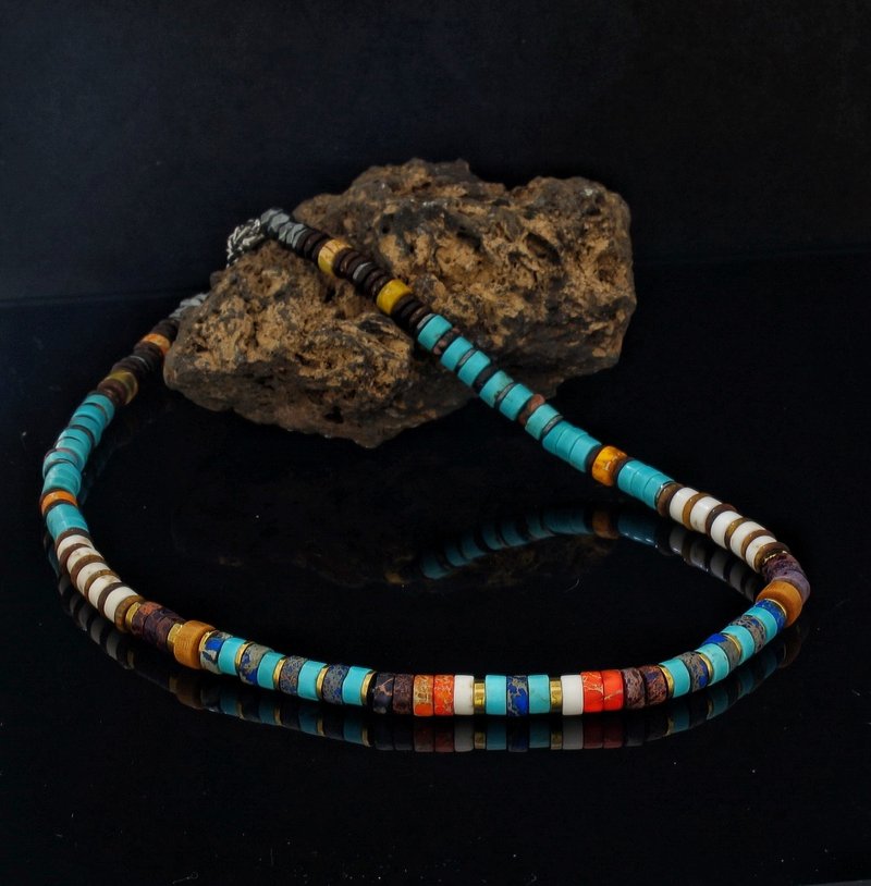 Turquoise Heishi 6mm Choker with Hematite and wood beads - Necklaces - Gemstone 