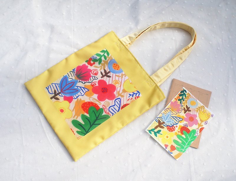 Illustrated small yellow flower shoulder bag - กระเป๋าแมสเซนเจอร์ - ผ้าฝ้าย/ผ้าลินิน สีเหลือง