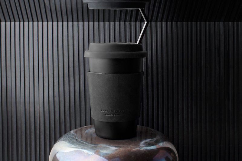 不鏽鋼咖啡杯外帶組合/鋼杯/皮套/矽膠蓋/霧黑/銀白