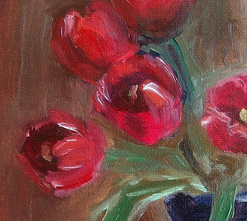 Red tulips in vase original handmade oil painting 25 x 35 cm - ตกแต่งผนัง - วัสดุอื่นๆ สีแดง
