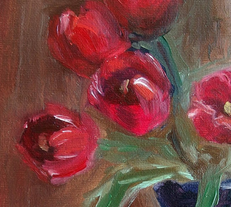 Red tulips in vase original handmade oil painting 25 x 35 cm - ตกแต่งผนัง - วัสดุอื่นๆ สีแดง