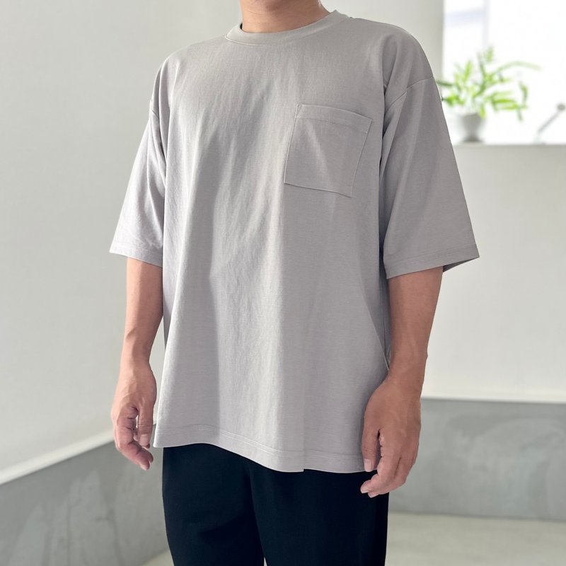 2025新作【接触冷感】ユニセックス　サイドスリット ポケット付 ルーズフィット Tシャツ【グレー】 - 女 T 恤 - 尼龍 灰色