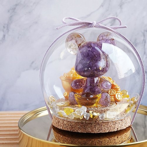 米朵貝菈．時光的禮物 Hourrae水晶玻璃球 玻璃罩 招財小熊玻璃球 禮物-紫水晶