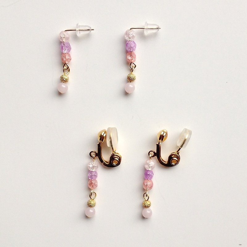 14kgf Crack Crystal and Vintage Pearl's Pain-Free Bar Earring / Pink - Earrings & Clip-ons - Gemstone Pink