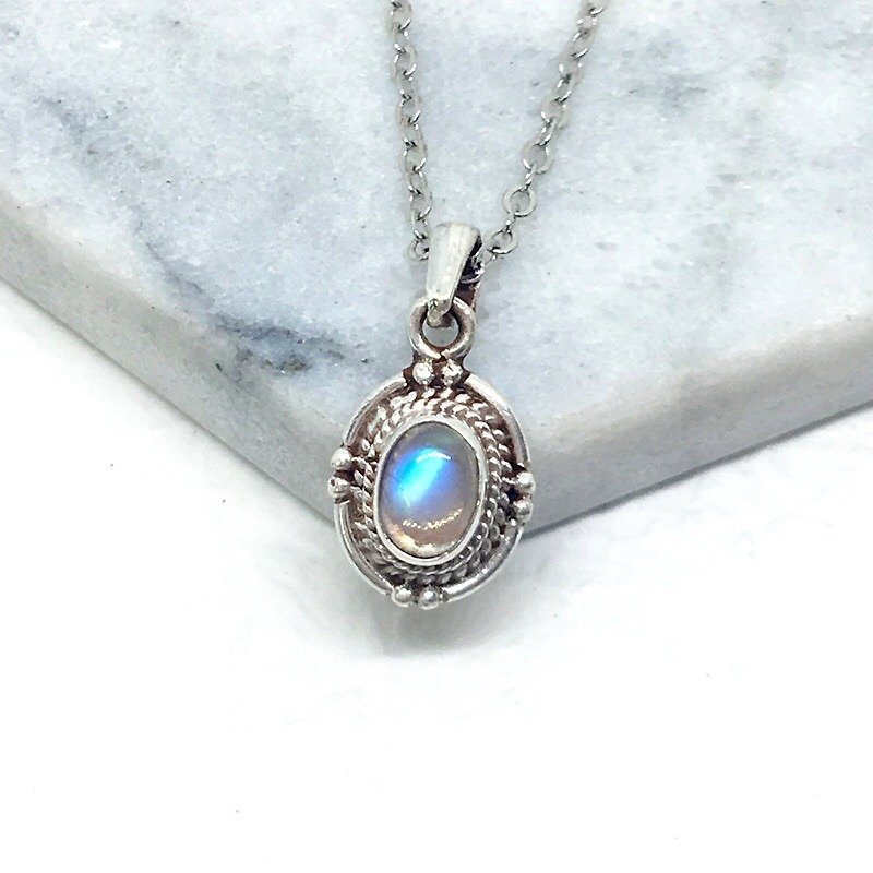 月光石925純銀典雅設計項鍊 尼泊爾手工鑲嵌製作 - 項鍊 - 寶石 藍色