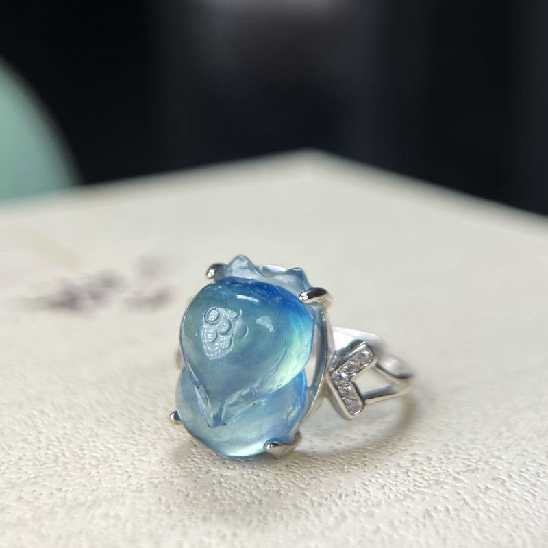 天然冰種魔鬼藍海藍寶活口戒指 S925古法銀 手雕大頭狐仙 起熒光 - 戒指 - 寶石 藍色