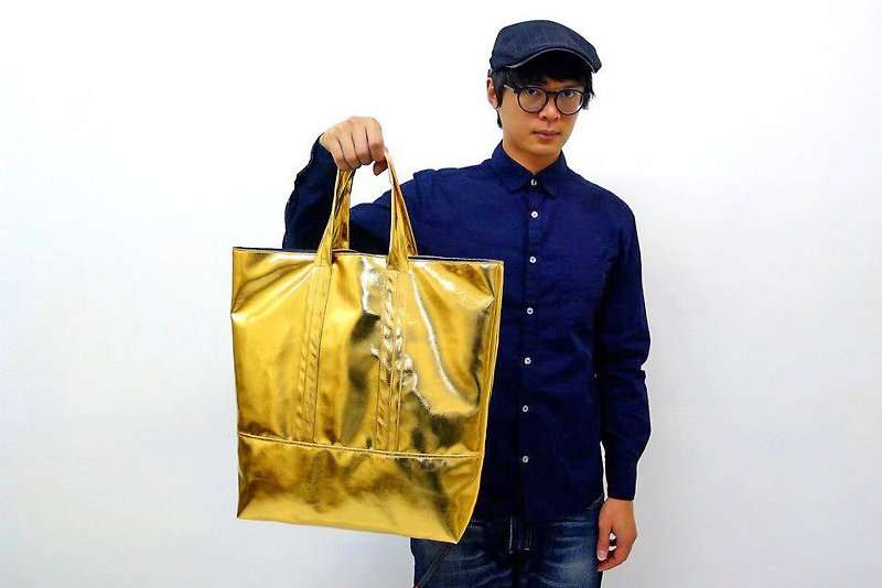 SHINY-Hand made golden waterproof artificial leather portable / tote / laptop bag - Handbags & Totes - Faux Leather Gold