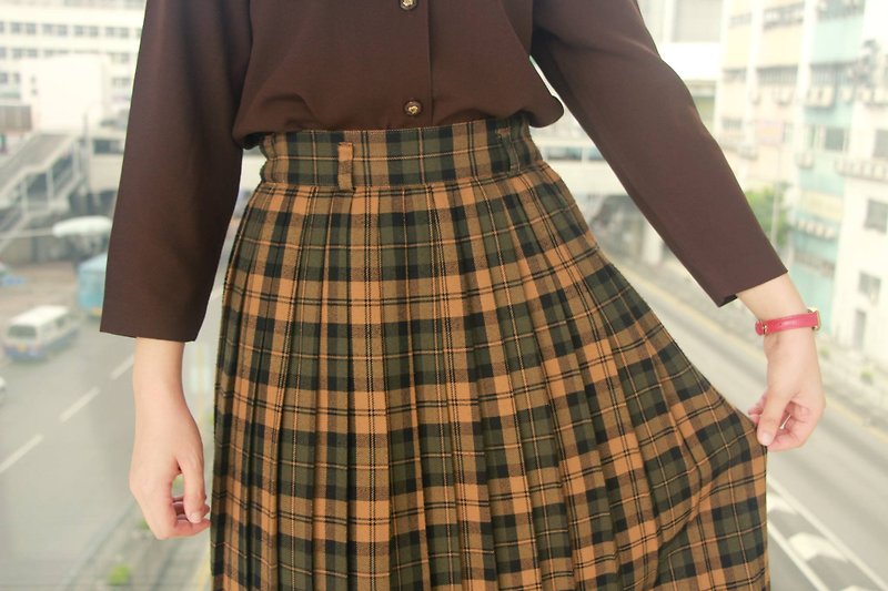 …｛DOTTORI :: BOTTOM｝Brown Checkered Pleated Skirt - กระโปรง - เส้นใยสังเคราะห์ สีนำ้ตาล