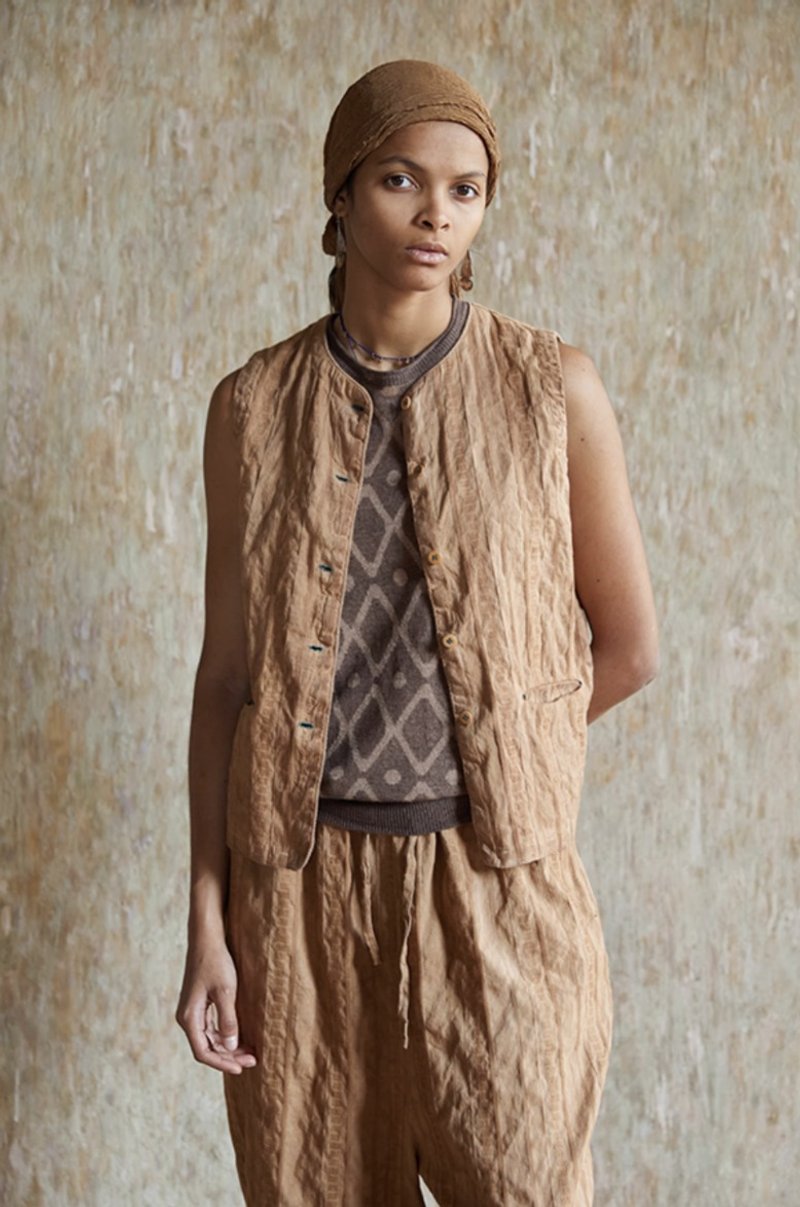 Retro Bohemian Linen & Hemp Plant-Dyed Vest | Jacquard Stripe Top - Women's Vests - Other Materials Brown