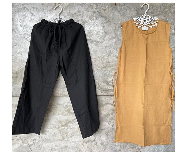 Vintage Dress, long skirt, side tie + Drawstring pants natural