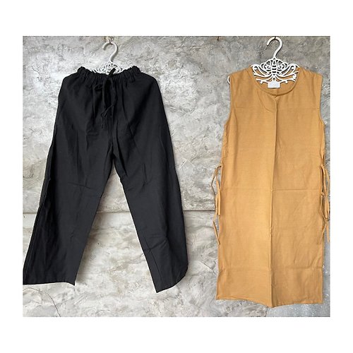 woodkraft Vintage Dress, long skirt, side tie + Drawstring pants natural cotton