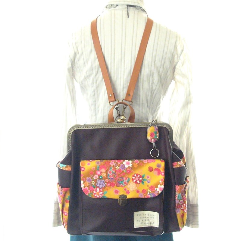 ３WAY右ファスナー付きBIG撫子リュック　フルセット　Japanese pattern 和花と蝶　栗色 - 背囊/背包 - 真皮 咖啡色