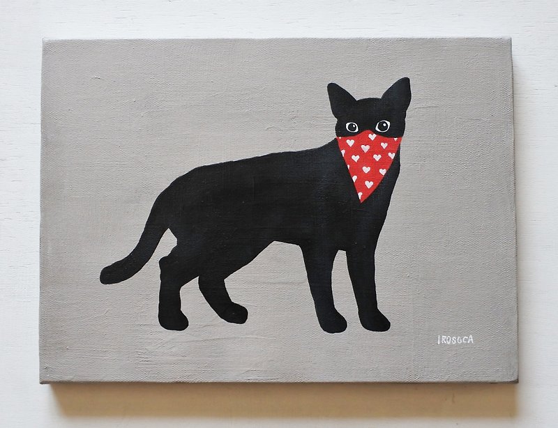 【IROSOCA】バンダナマスクの黒猫　キャンバス絵画　F4サイズ原画 - ポスター・絵 - その他の素材 ブラック