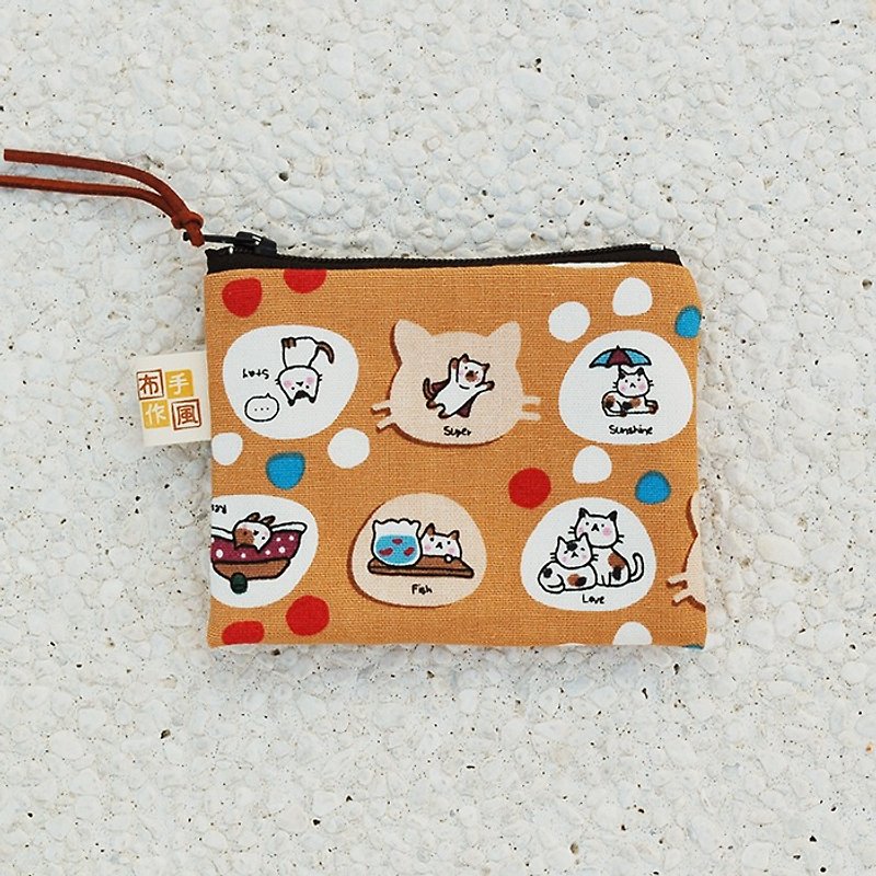 悠閒貓咪零錢袋 - 零錢包/小錢包 - 棉．麻 橘色