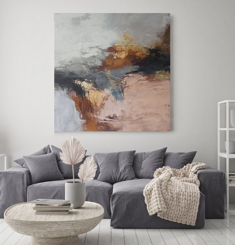 Painting abstract cream brown tan | Abstract painting gray beige | Orange Flight - 壁貼/牆壁裝飾 - 棉．麻 橘色