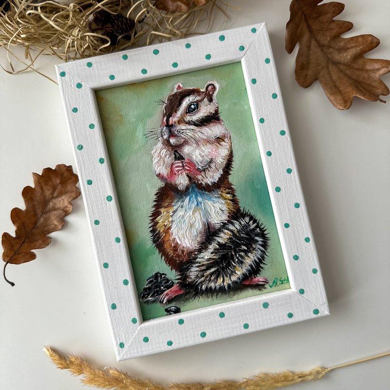 Chipmunk framed original painting Squirrel mini art Nursery room decor Animals - 壁貼/牆壁裝飾 - 木頭 綠色