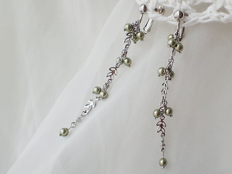 花草風　水晶珍珠　施華洛世奇元素　夾式 耳環 (一對) - 手鍊/手鐲 - 玻璃 綠色