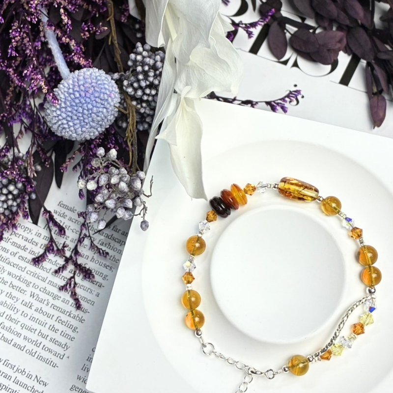 原創設計 流光琥珀 天然水晶手鍊 琥珀 花珀 SWAROVSKI 925配件 - 手鍊/手鐲 - 水晶 橘色