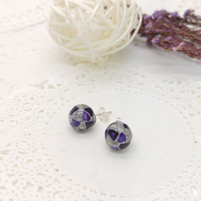 10mm Glass-painted Sterling Silver earrings - Glitter-Silver line, Purple - Earrings & Clip-ons - Glass Multicolor