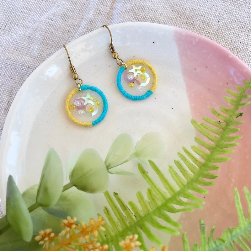 Handmade Embroidery // Wishing Star River Hook Earrings - Yellow Blue / / Clipable - Earrings & Clip-ons - Thread Yellow