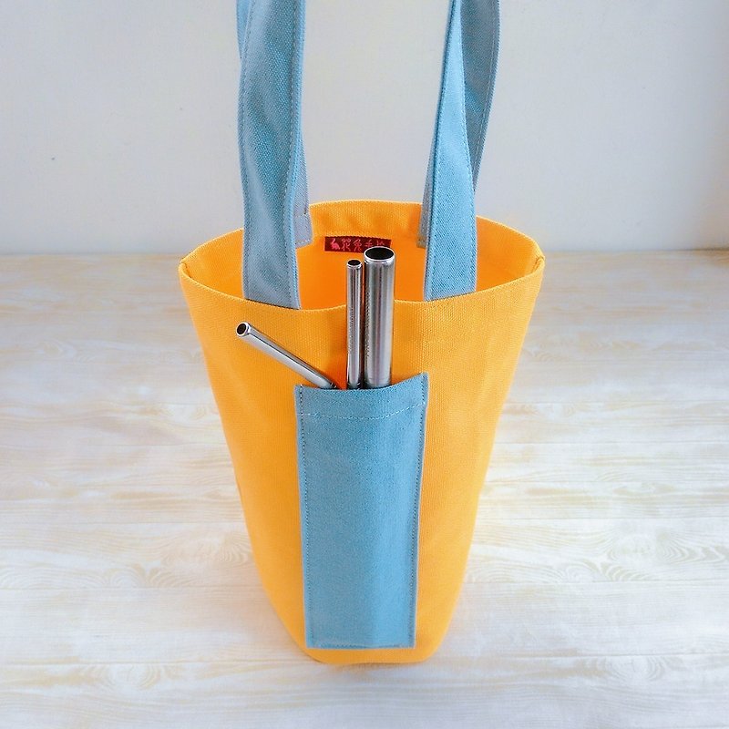 Bright yellow vintage blue hit canvas Canvas bags Kettles Cup Cup bag - ถุงใส่กระติกนำ้ - ผ้าฝ้าย/ผ้าลินิน สีเหลือง
