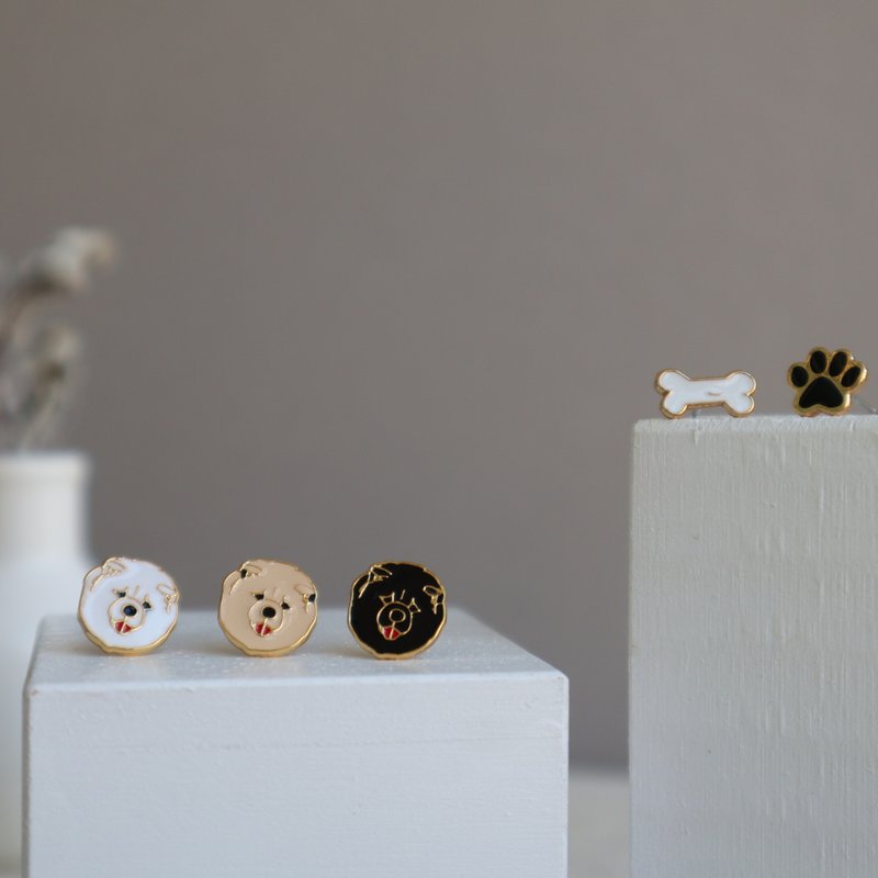 鬆獅犬 Chow Chow  夾式 耳環 生日禮物 寵物飾品 狗狗 紙盒包裝 - 耳環/耳夾/耳骨夾 - 琺瑯 白色