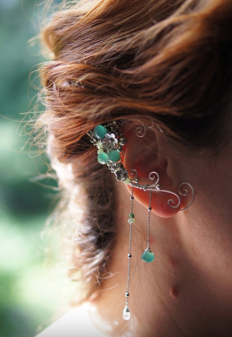 Silver Earrings & Clip-ons - Green forest elven ear cuffs