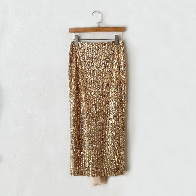 Customized series - chiffon tail hip slit split straight skirt (sequined gold) - Skirts - Other Materials 