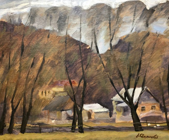 油絵 カルパティア山脈 カルパティア山脈の村 段ボールに油絵 ヴィンテージ山の風景