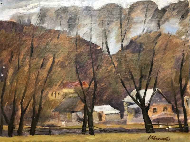 Village in the Carpathians Painting Oil on Cardboard Vintage Mountain Landscape - 壁貼/牆壁裝飾 - 紙 