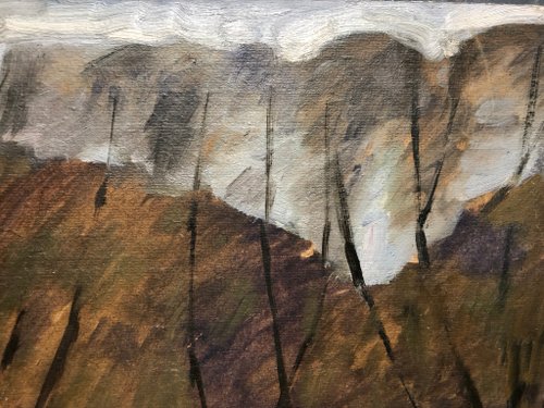 油絵　カルパティア山脈 カルパティア山脈の村 段ボールに油絵 ヴィンテージ山の風景