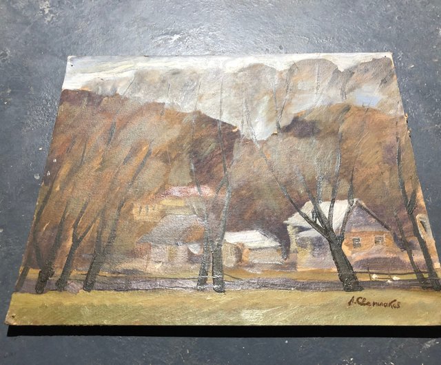油絵　カルパティア山脈 カルパティア山脈の村 段ボールに油絵 ヴィンテージ山の風景
